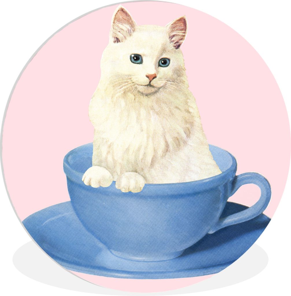 MuchoWow Rundes Wandbild - Runde Bilder Katzen - Illustration - Tasse Ø 60 cm Kreis Wanddekoration Kunststoff - Wandkreis - Wandschmuck - Wand K...