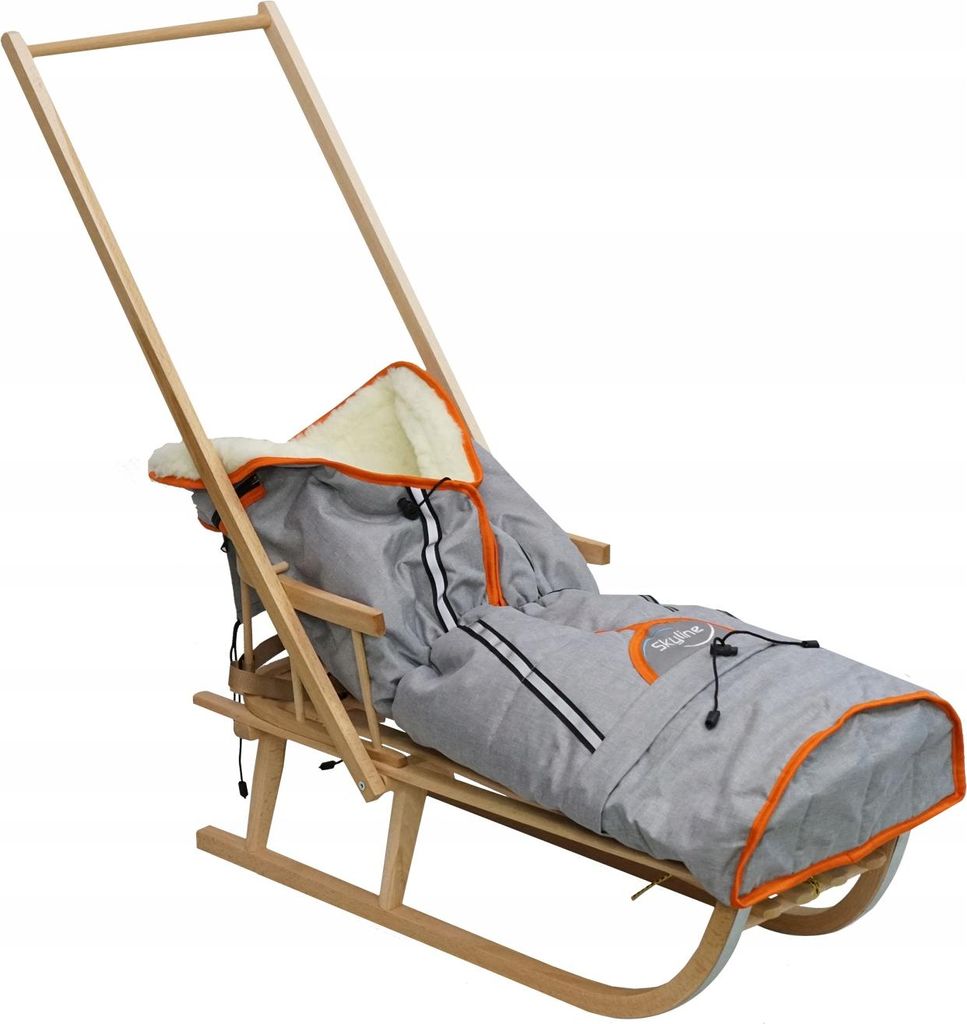 Holzschlitten mit Rückenlehne, Anschieber und Schlafsack, traditionell, solide und robust