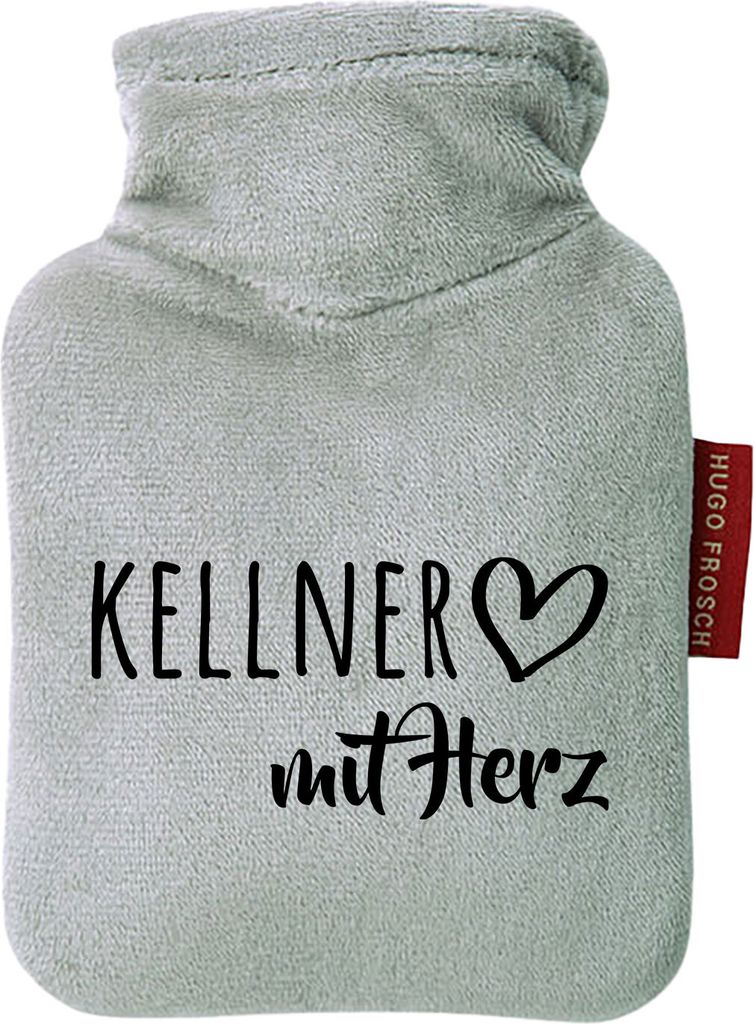 Huuraa Mini-Wärmflasche Kellner mit Herz 0,2 Liter Grey Mini Veloursbezug Taschenwärmer Geschenkidee