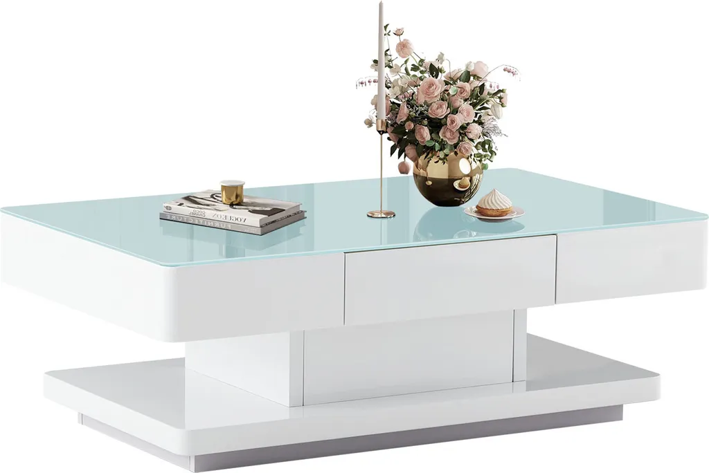 Table basse rangement 2 tiroirs pour un salon ordonné, plateau verre
