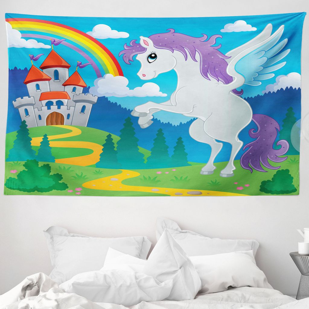 ABAKUHAUS Fantasie Wandteppich, Einhorn mit Regenbogen-Fee aus Weiches Mikrofaser Stoff Waschbar ohne Verblassen Digitaldruck, 230 x 140 cm, Mehrfa...