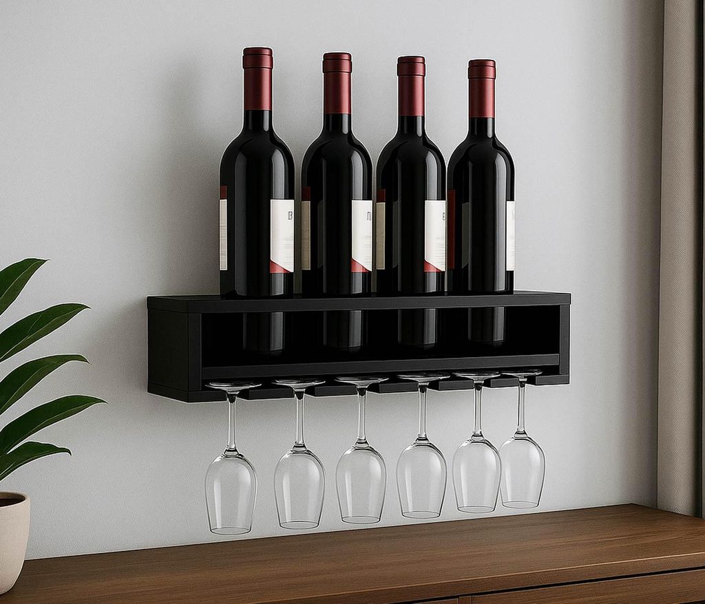 Portabottiglie a Parete e Supporto in Vetro Porta Bottiglie Barre da muro Scaffale Vini Mensola del Vino Rack di Vino di Ferro Porta Bicchieri di Vino Portabicchieri per bar cucina - legno