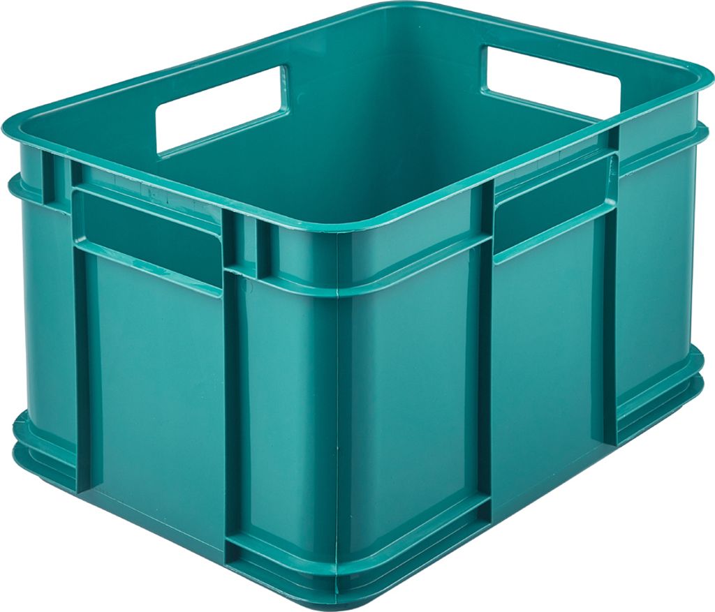 A teal plastic storage box with handles.