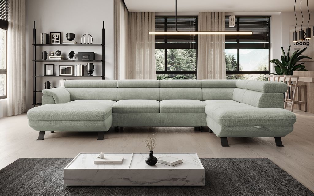 DomoHome ECKSOFA RAVEN XL - Eckcouch mit Schlaffunktion mit Ausziehbett, Verstellbaren Kopfstützen, Bettkasten, Großes Sofa 334x198x162 cm Rechte...