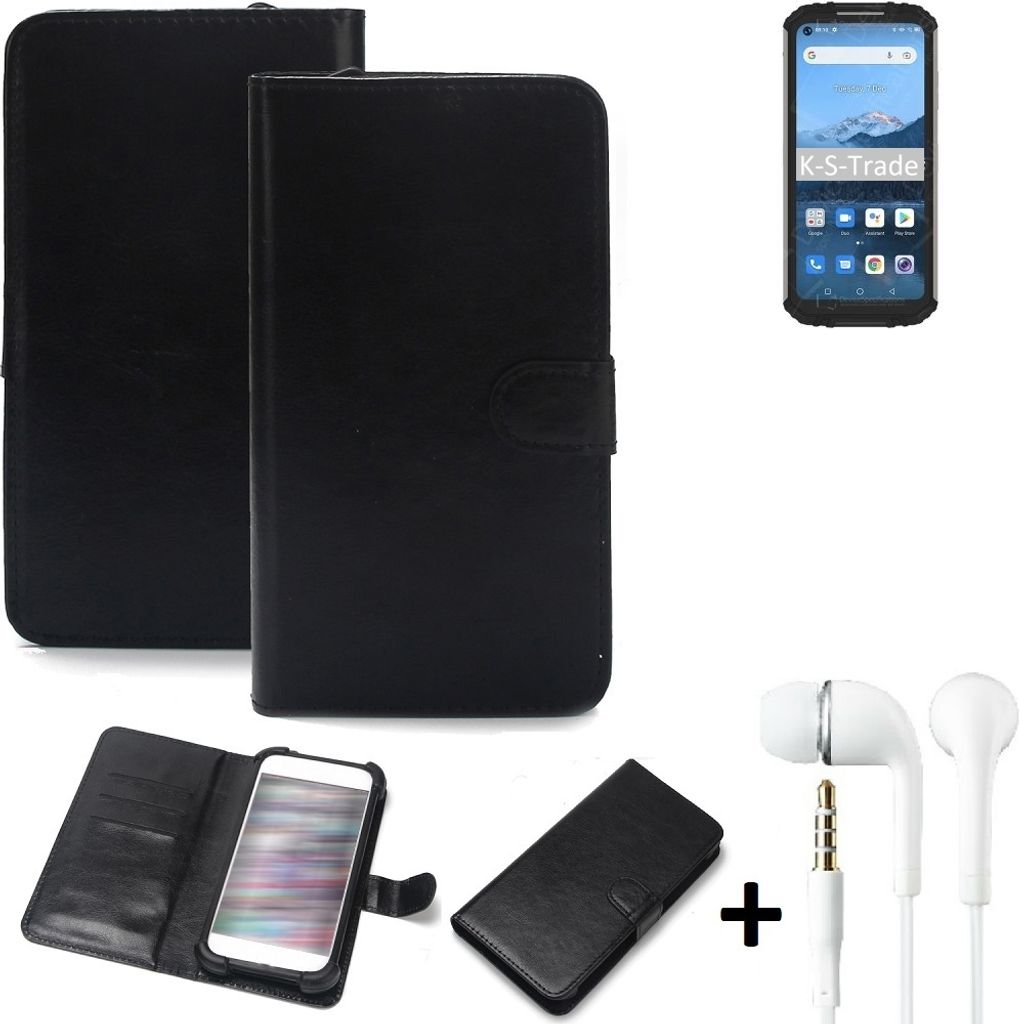 K-S-Trade Wallet Case Handyhülle kompatibel mit Oukitel WP16 Schutzhülle Flip cover Flipstyle Tasche Hülle Flipcover Slim Bumper schwarz + in ear