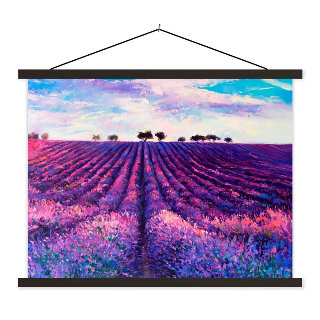 MuchoWow Textilposter Malerei - Lavendel - Blumen - Ölfarbe - Natur 150x113 cm mit holzfarbenen Rahmen - Poster