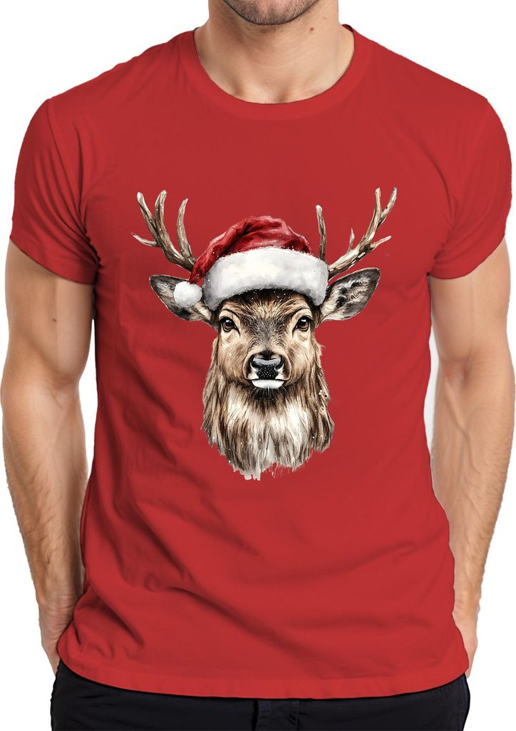 Weihnachten Rentier Santa Hut Geschenk Aquarell Vintage Herren T-Shirt, Rot, S