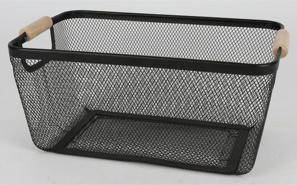 6x Drahtkorb mit Holzgriff schwarz ca 37x23x17cm Metallkorb Aufbewahrungskorb Dekokorb im modernen Stil für Küche Bad oder Wohnzimmer