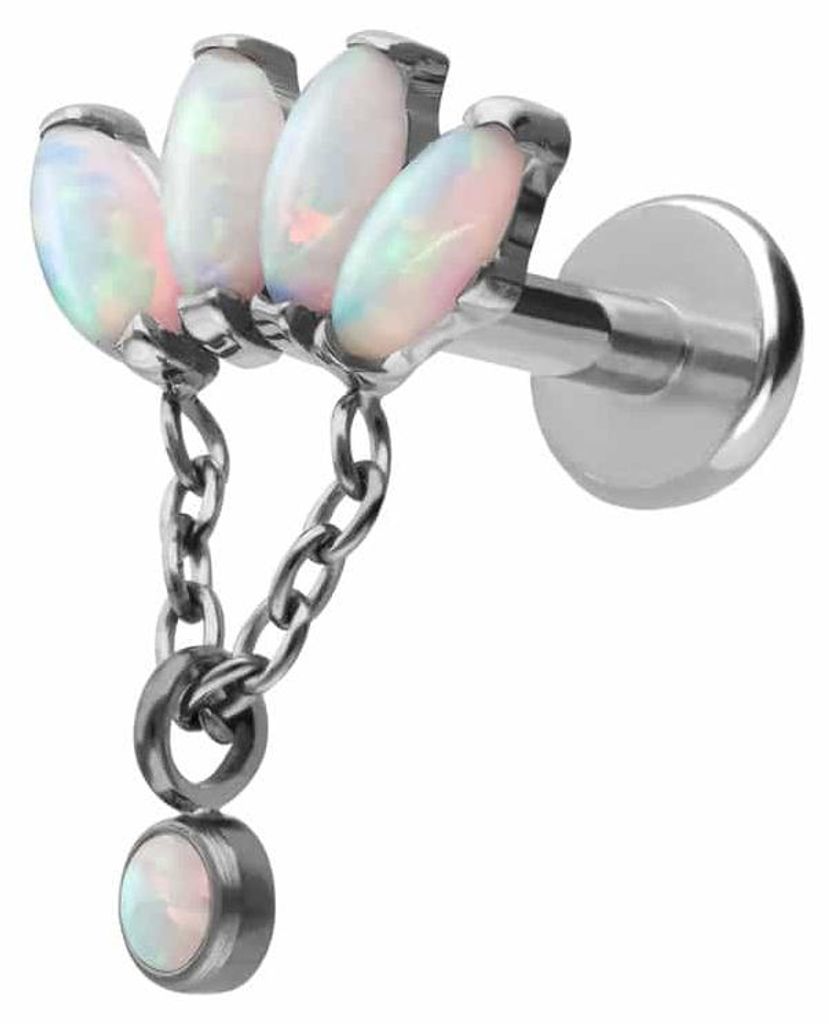 Ohrpiercing, Nasenpiercing Titan Labret mit Push Fit LOTUSBLÜTE + SYNTHETISCHE OPALE Silber Stablänge: 10mm | Stabstärke: 1,2mm