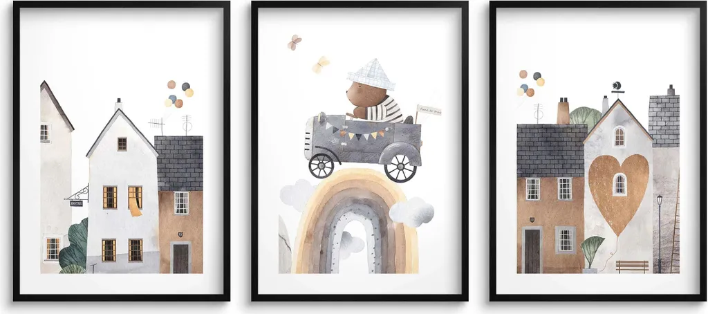 Decorazione Murale Bambini 30x40 - Set 3 Poster Città e Orso
