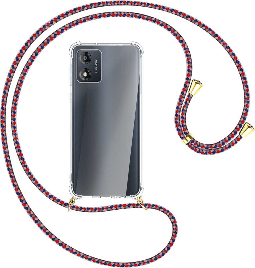 Handykette Backcover-Schutzhülle mit Band (Metall goldfarben) für Motorola Moto E13 (6.5'') - silber/blau/rot