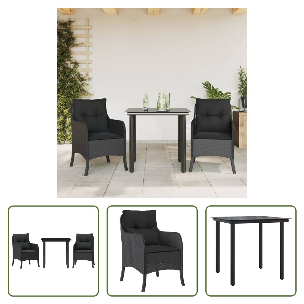 The Living Store 3-tlg. Garten-Essgruppe mit Kissen Schwarz Poly Rattan