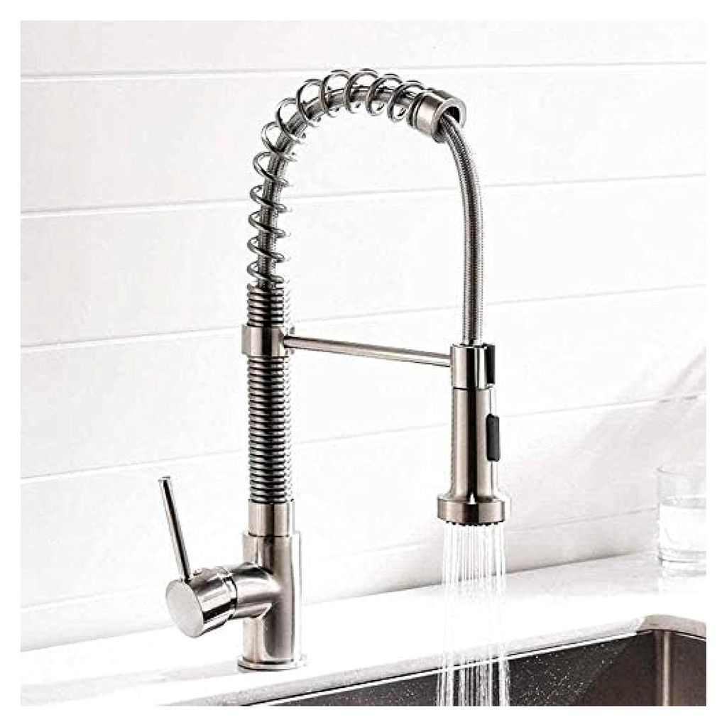 Wasserhahn für die Küche, gebürstetes Nickel, einzelner herausziehbarer Federauslauf, Mischbatterie für heißes und kaltes Wasser