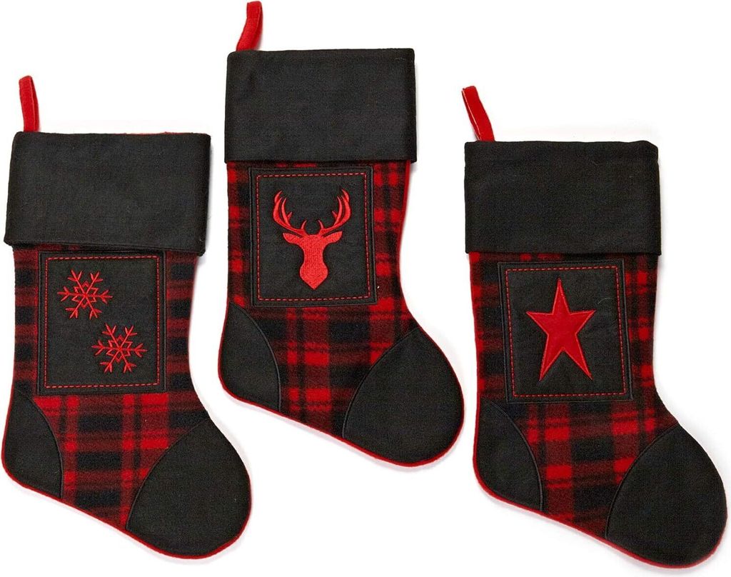 3er-Set - Design - Weihnachtssocken - 45 x 34 x 3 cm - Kariert mit Weihnachtsmotiven - Rot/Schwarz