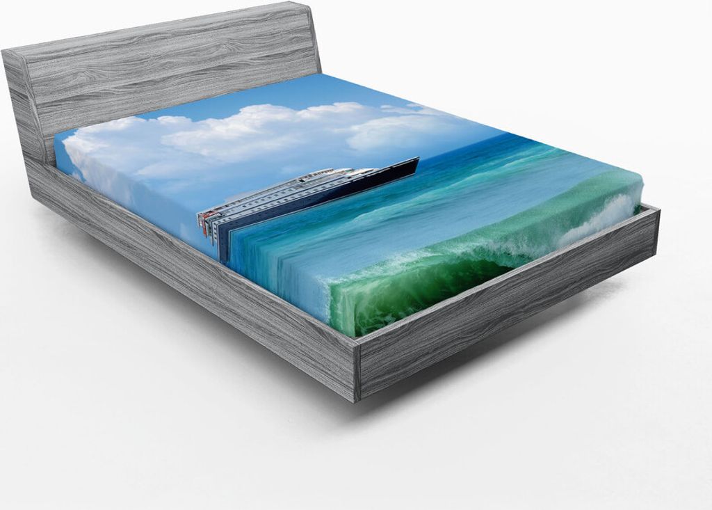 ABAKUHAUS Nautisch Spannbetttuch, Themanorientierte Ansicht Des Schiffs In Der Wasserwelt Mit Wolken Tageszeit Landschaft, 140 x 200 cm, Blau