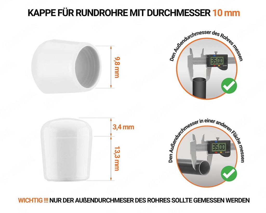 Kappen für Rundrohre 10 mm Weiß 50 Stück Stuhlbeinkappe Gummi Endkappen Rohrendkappen