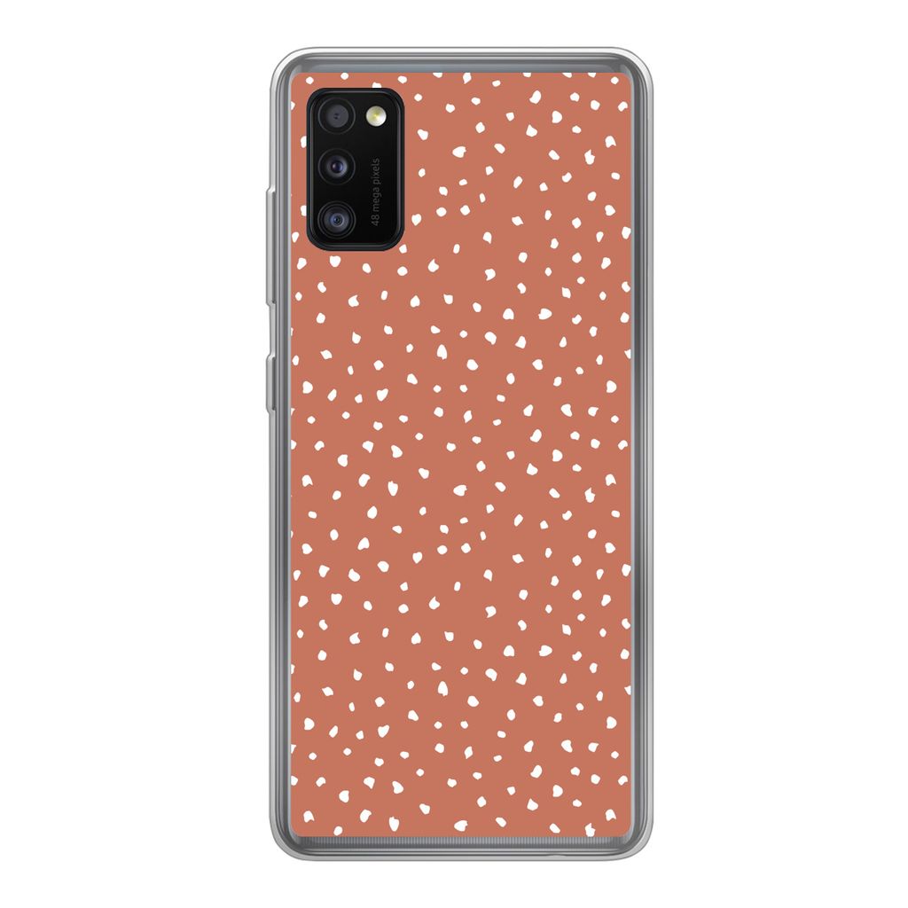 MuchoWow Handyhülle Schutzhülle Hülle für Samsung Galaxy A41 Tupfen - Orange - Weiß Silikon Softcase Handy Hülle - Mobiltelefon