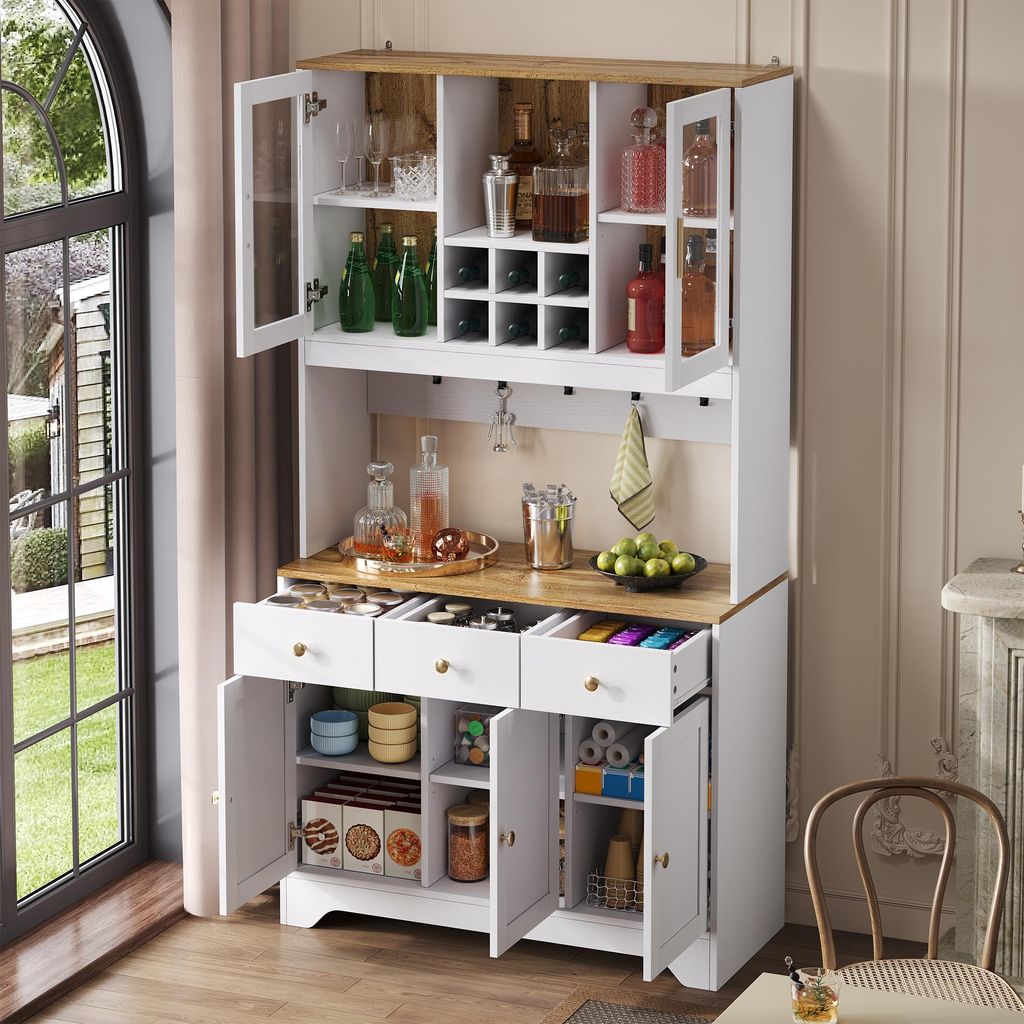 STILVORA Sideboard mit Arbeitsfläche und Große Staufächer,Buffetschrank mit 2 Glastüren,Hochschrank mit Soft-Clamp-Scharniere,Weiß + Holzmaserung