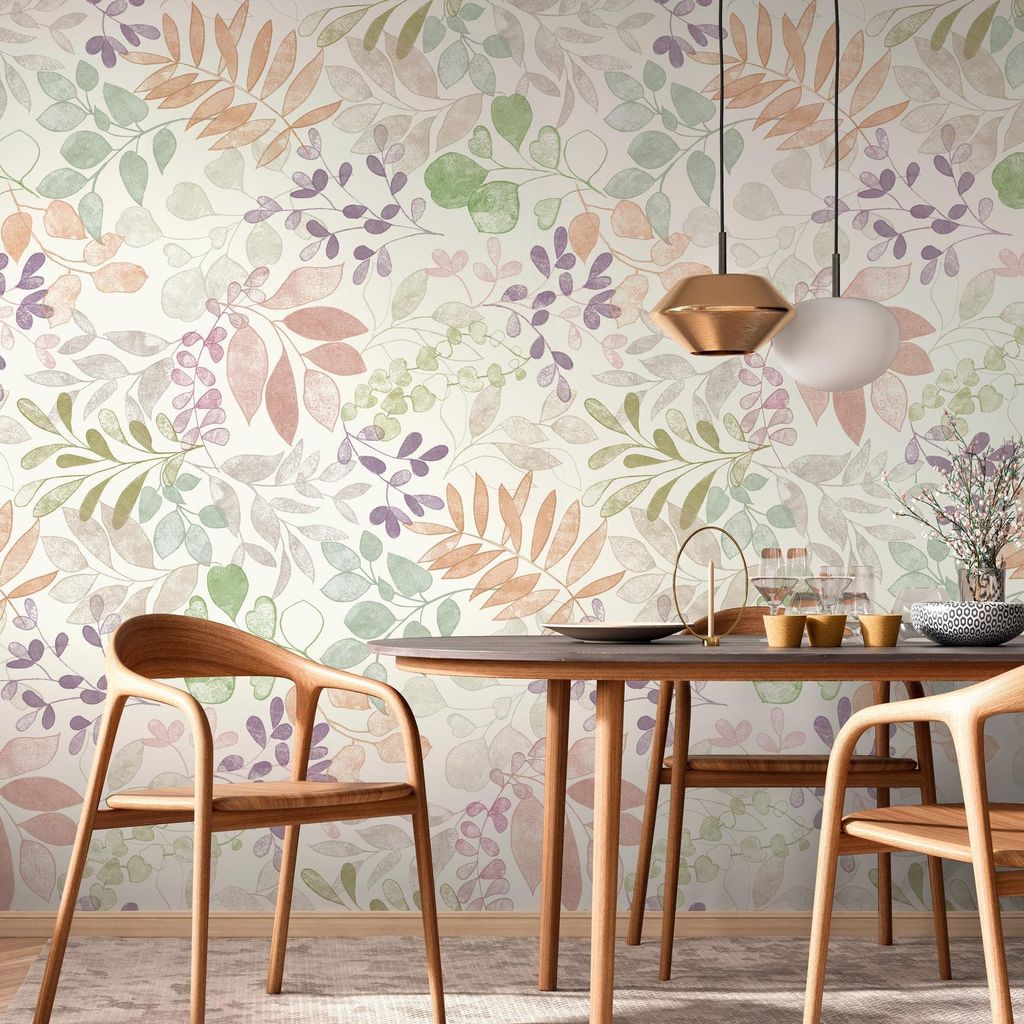 Botanische Foto Tapete Beige Grün Rosé-Violett – Vliestapete mit Blättermotiv Aquarelloptik AS-Creation (KG-174496)