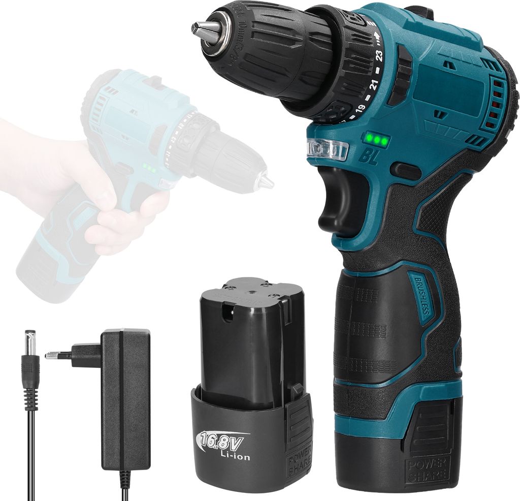 A cordless drill with its battery and charger, presented on a white background.