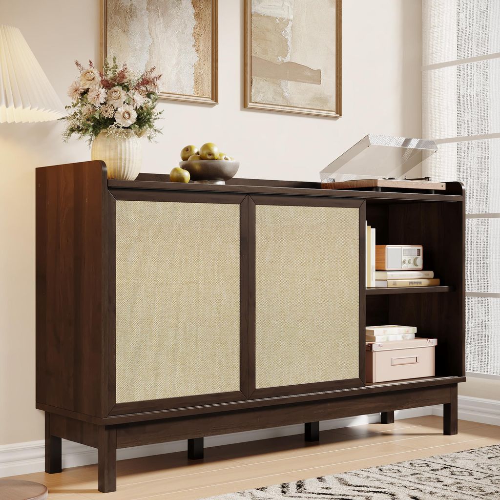 Merax Sideboard mit Schiebetüren und Doppelschubladen, Kommode Aufbewahrungsmöbel, Retro-Design in Farbblockoptik, für Ess- und Wohnzimmer, Natu...