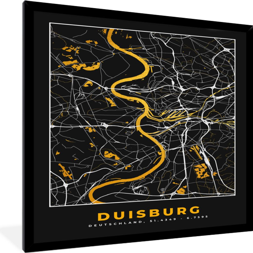 MuchoWow Gerahmtes Poster Duisburg - Deutschland - Stadtplan - Karte - Gold 40x40 cm - Poster mit Schwarzem Bilderrahmen Wandposter Rahmen Foto B...