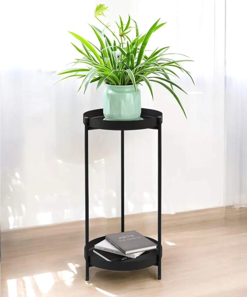 Porte-plantes design moderne 2 niveaux en métal noir compact 52cm