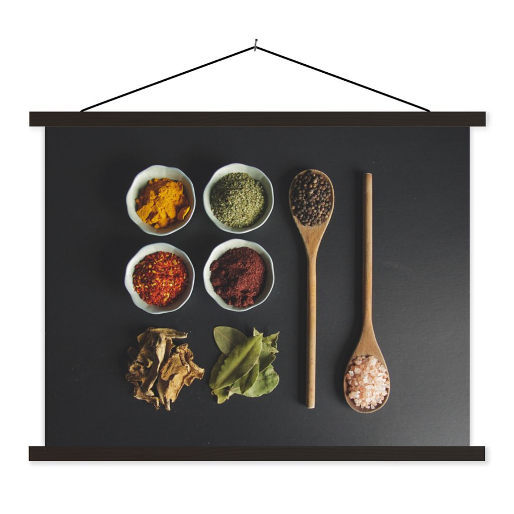 MuchoWow Textilposter Schöpfkelle - Gewürze - Kräuter - Grün - Braun - Rustikal 150x113 cm mit schwarzem Rahmen - Wohnzimmer