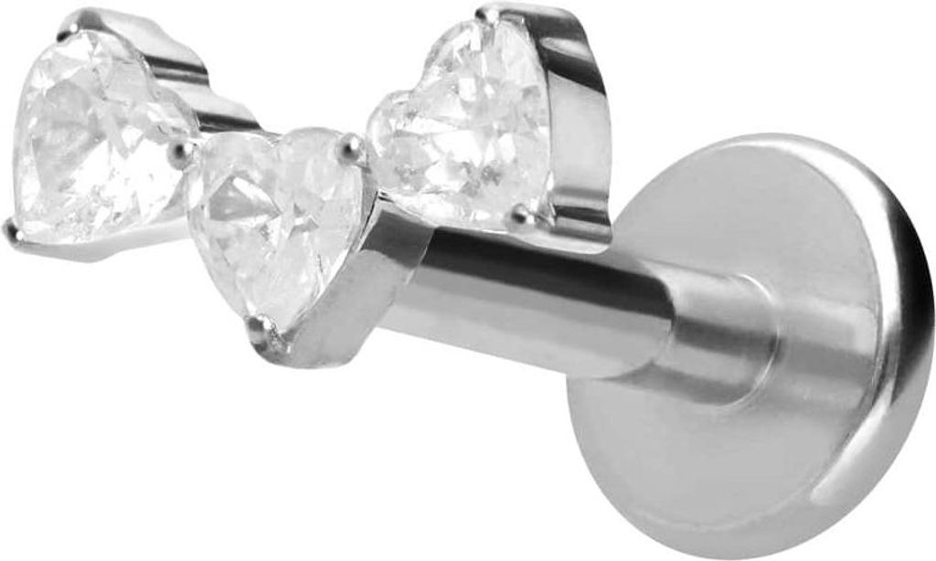 Ohrpiercing, Nasenpiercing Titan Labret mit Push Fit 3 KRISTALLHERZEN Silber Stablänge: 10mm | Stabstärke: 1mm