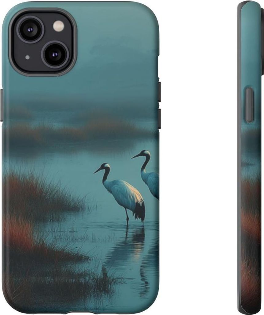 Zwei Kraniche im nebligen Feuchtgebiet – Hülle Kompatibel mit iPhone 14 Plus