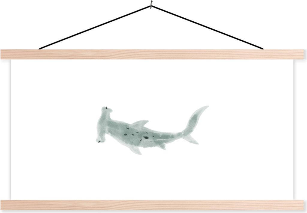 MuchoWow Textilposter Hai - Meer - Aquarell 120x60 cm mit holzfarbenen Rahmen - Klemmleiste