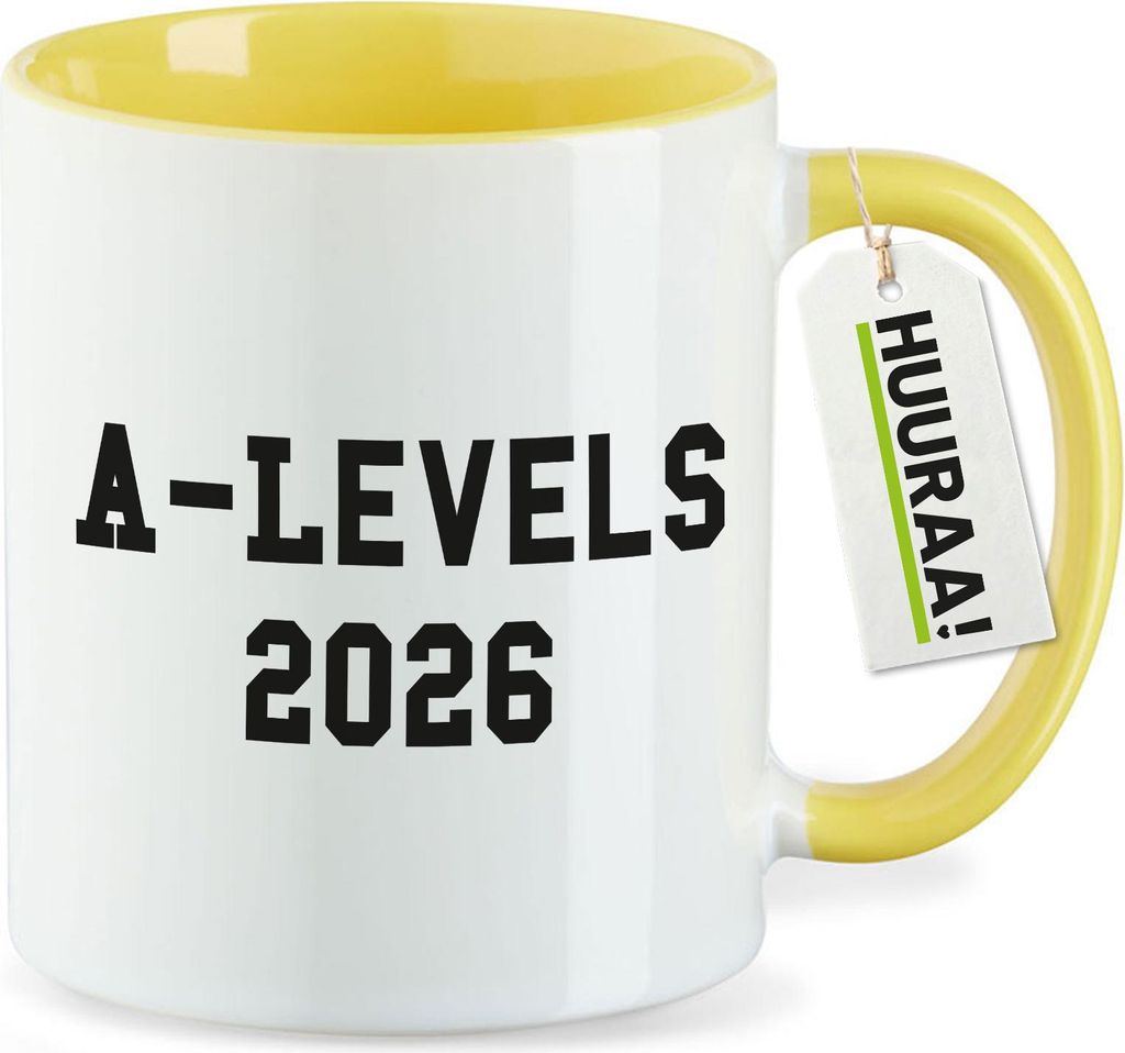 Huuraa Kaffeetasse A-Levels 2026 Abschluss Großbritannien 330ml Gelb Keramik Kaffeebecher Geschenkidee