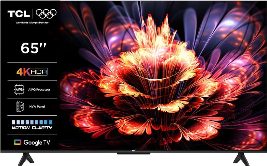 A TCL television displaying a vibrant, abstract floral image, with feature callouts on the left side.