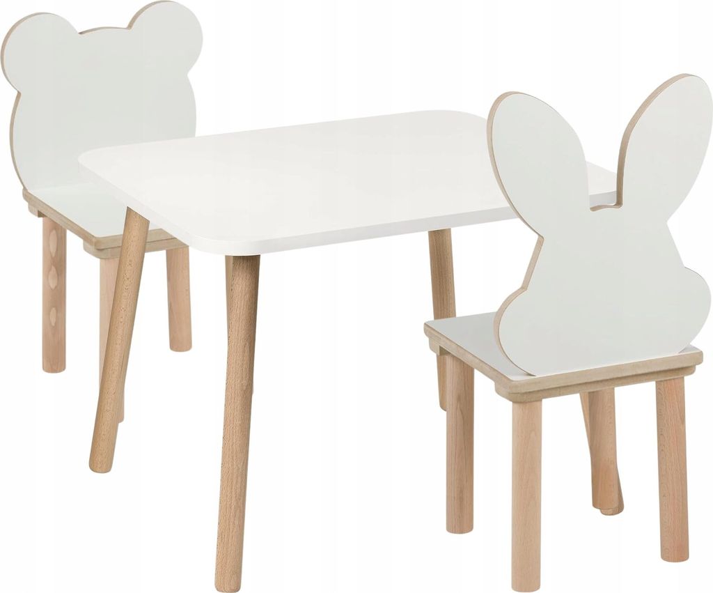 PlayPals Furniture Kindertisch mit 2 Stühlen Set 50 x 60 x 47 cm aus Holz, Bär- und Hasen-Design, Sitzgruppe Kinder, Kinderzimmer Möbel
