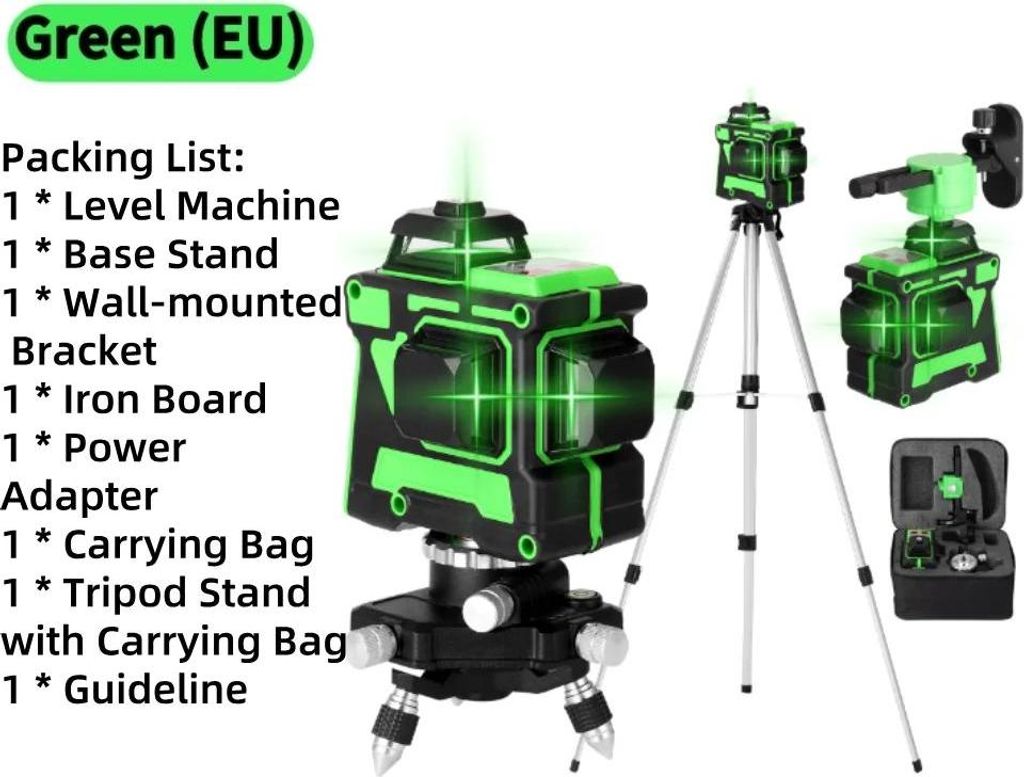 4D Linienlaser - 16 Linien Typ F - Vertikale & Horizontale Linien - Selbstnivellierend 3° - Grüner Laser - Li‐Ion Akku - Rot