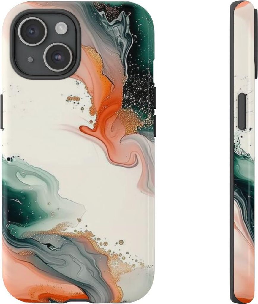 Schwungvolle abstrakte Wirbel in Grün und Koralle – Hülle Kompatibel mit iPhone 15