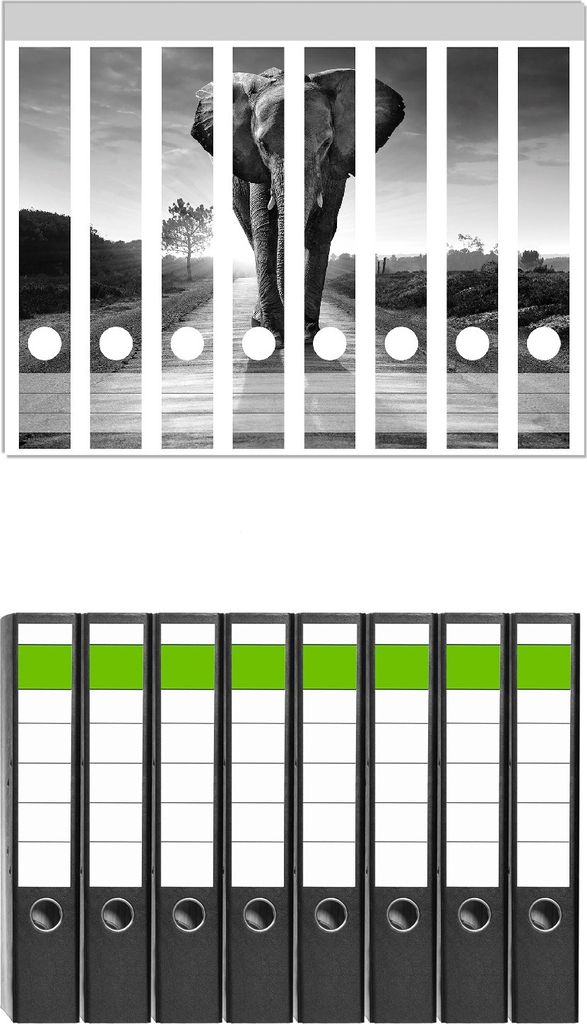 Wallario 8 Stück schmale Ordner inkl. Klebeetiketten mit Motive Elefant bei Sonnenaufgang in Afrika schwarzweiß - Set mit Rückenschildern / Ord...