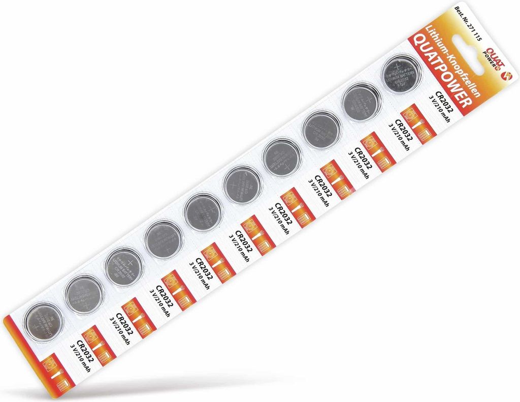 QUATPOWER Knopfzelle, CR2032, Lithium, 3 V, 210 mAh, 10 St.