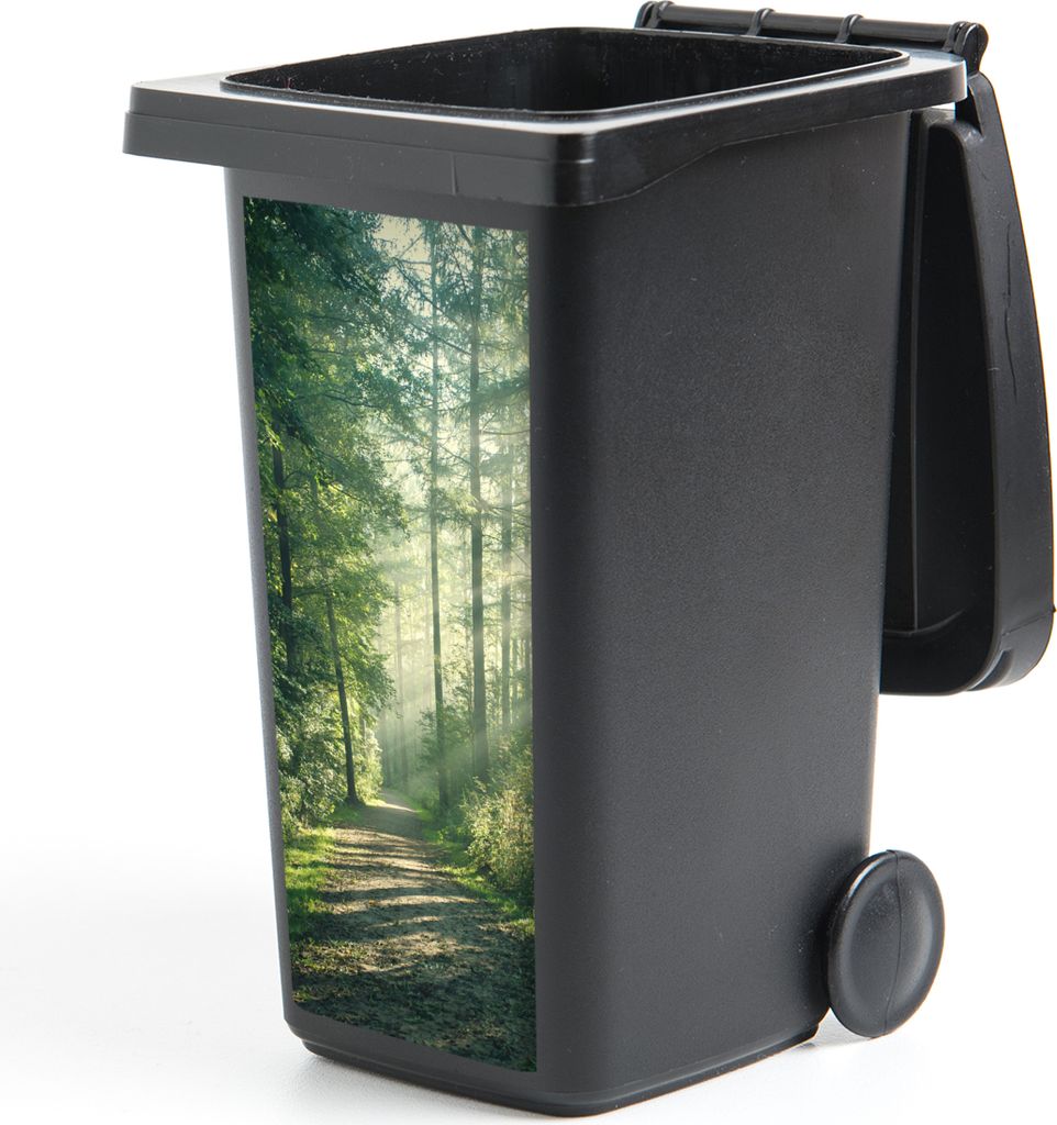 MuchoWow Mülltonnenaufkleber Wald - Weg - Sonne - Bäume - Grün - Natur 44x98 cm - Containeraufkleber - Aufkleber - Mülltonnen-Aufkleber