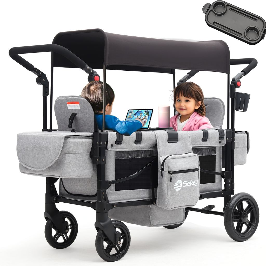 Sekey Bollerwagen Faltbar mit Dach Zwillingsmodus Kinderwagen Doppelsitz mit 2x 5-Punkt-Gurtsystem, Grau
