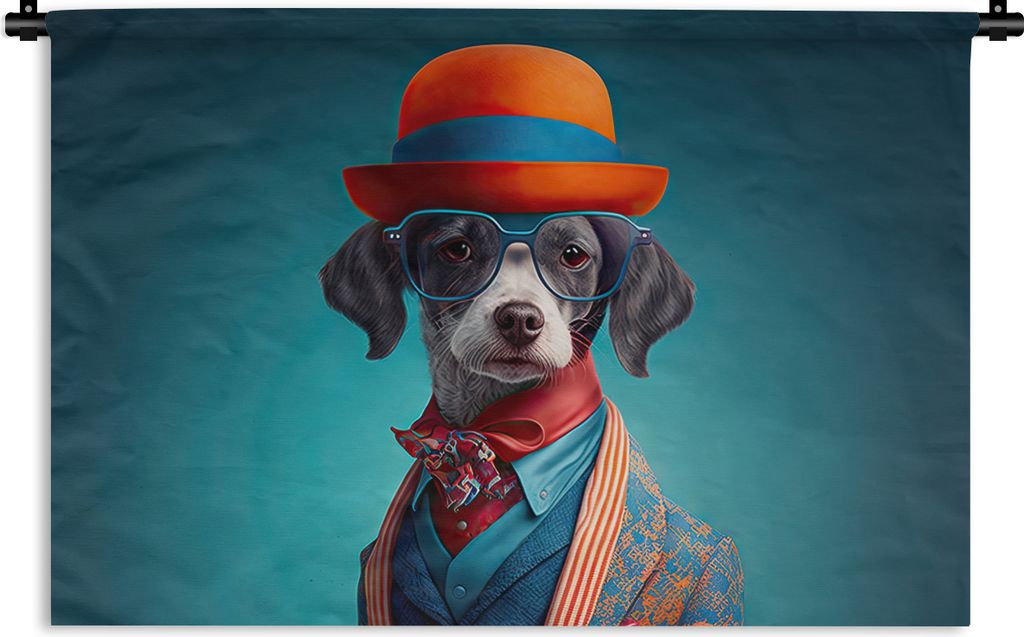 MuchoWow Wandteppich Wandbehang Hund - Jacke - Blumen - Porträt - Blau 150x100 cm Tapisserie Dekoration Wandtuch - Waschbar - Tapisserien - Wand...