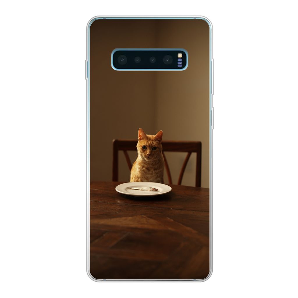 MuchoWow Handyhülle Schutzhülle Hülle für Samsung Galaxy S10 Plus Katze - Esstisch - Teller Silikon Softcase Handy Hülle - Schutzhülle