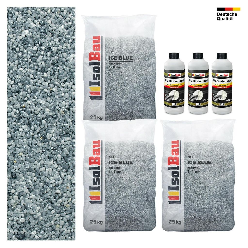 Steinteppich SET Ice Blue 1-4mm Marmorkies 75kg + PU-Bindemittel Set für 7,5m²