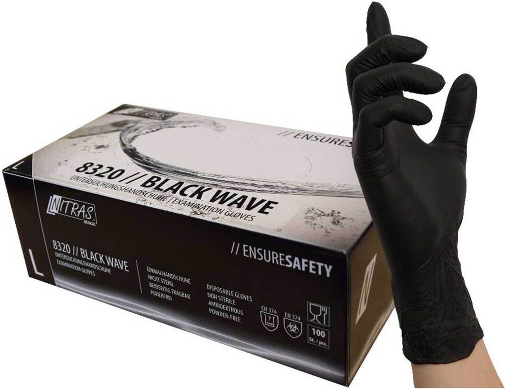 NITRAS 8320 Black Wave Einmalhandschuhe - Einweghandschuhe puderfrei und extrem reißfest, perfekt in einer Box zum Dosieren Größe:9