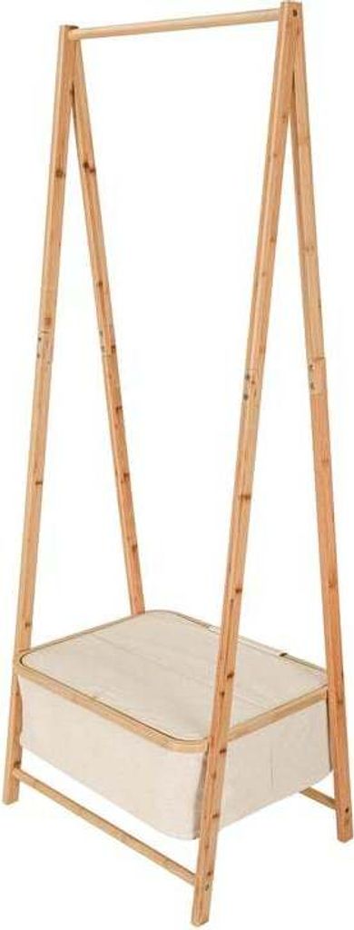 A bamboo clothes rack with a beige storage bin underneath, against a white background.