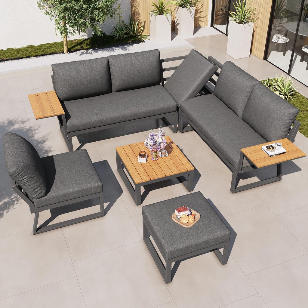 L-Form Garten Sofa Set mit Holzarmlehnen / Wetterfeste Produktbild 