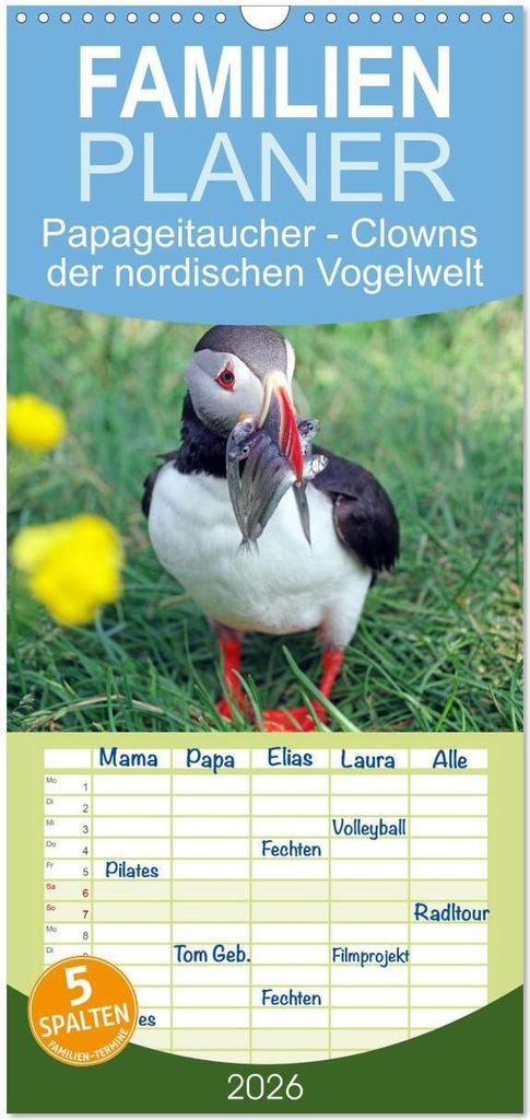 Familienplaner 2026 - Papageitaucher - Clowns der nordischen Vogelwelt mit 5 Spalten (Wandkalender, 21 x 45 cm) CALVENDO
