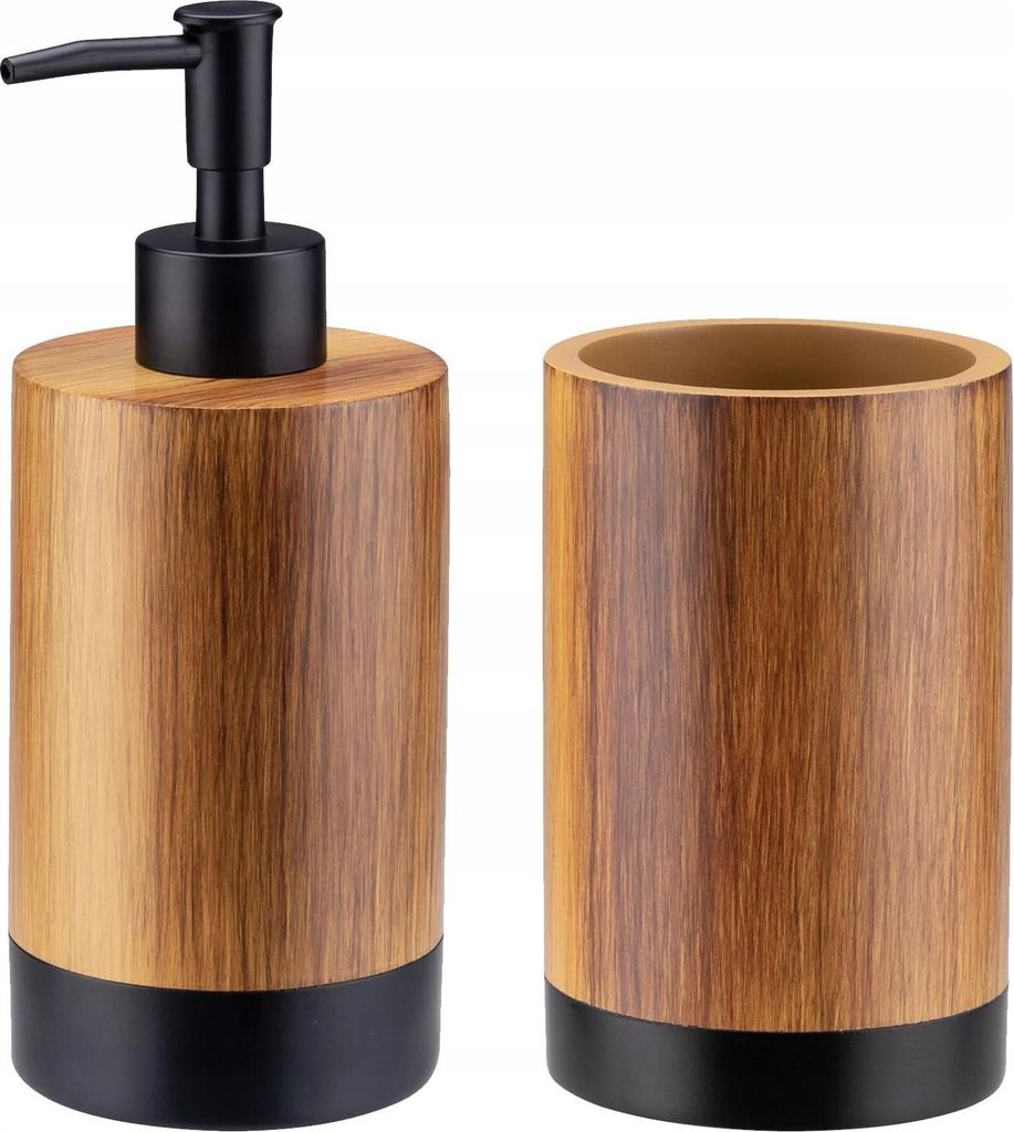 Badezimmer-Set - Seifenspender & Zahnputzbecher - 2-teilig - Holzoptik