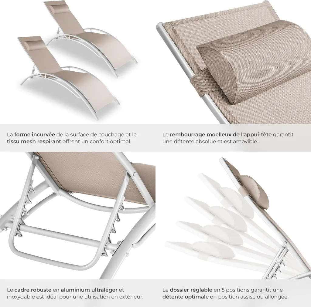Transat aluminium beige avec dossier 5 positions, set de 2 pour piscine