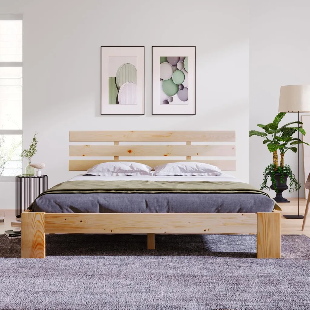 Lit double 140x200 bois naturel avec sommier : Idéal petit espace 18cm - 2